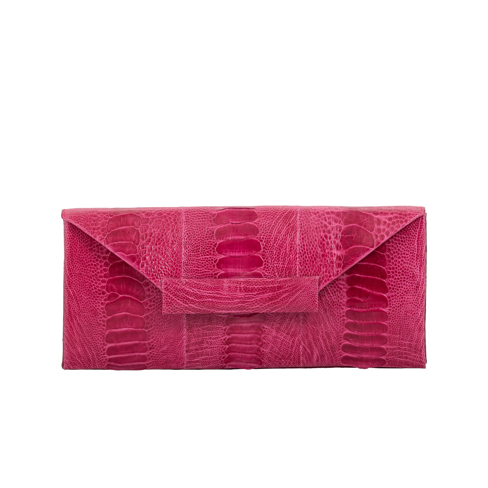 Front of a pink ostrich leg textured handbag on a white background
