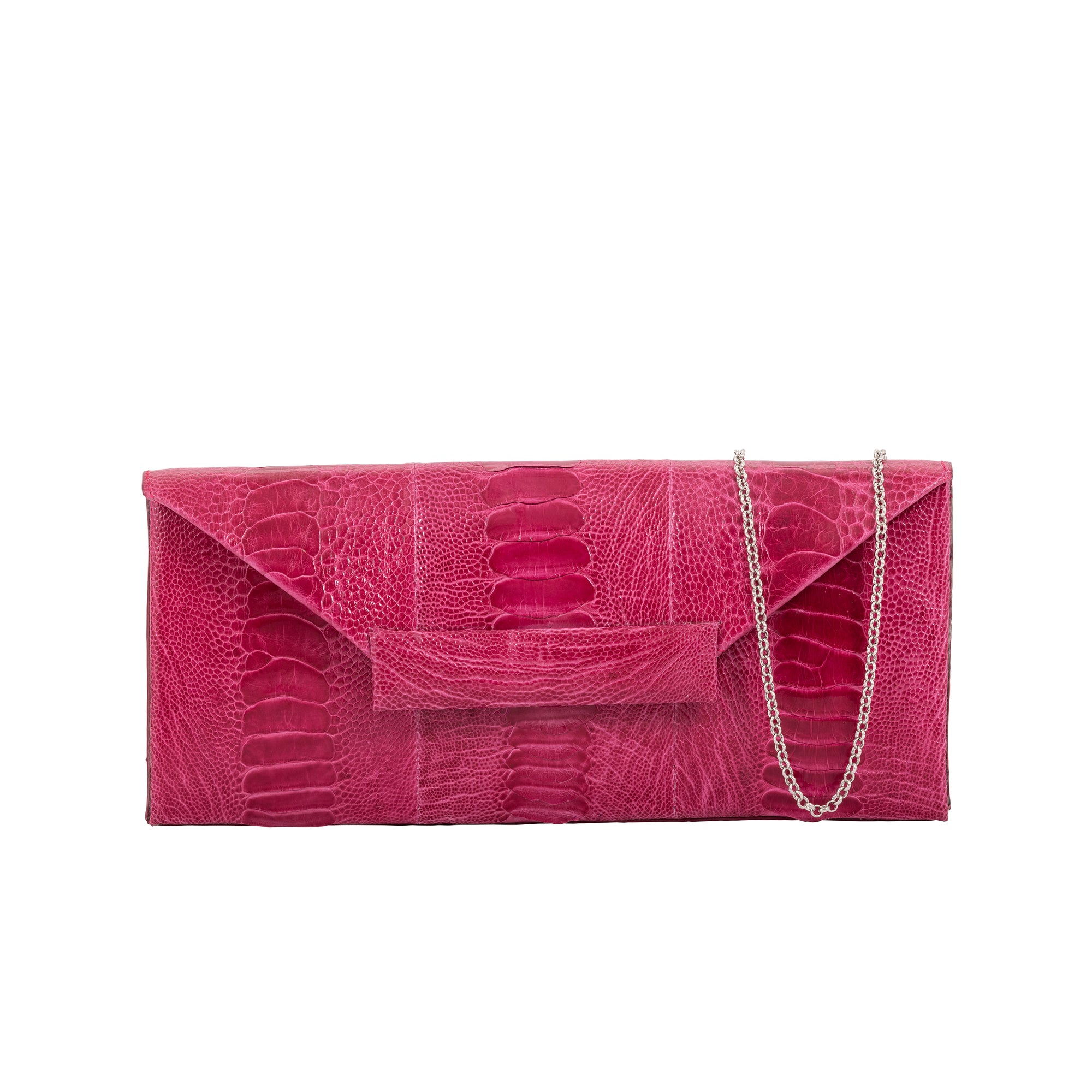 Front of a pink ostrich leg textured handbag on a white background