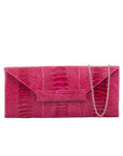 Front of a pink ostrich leg textured handbag on a white background