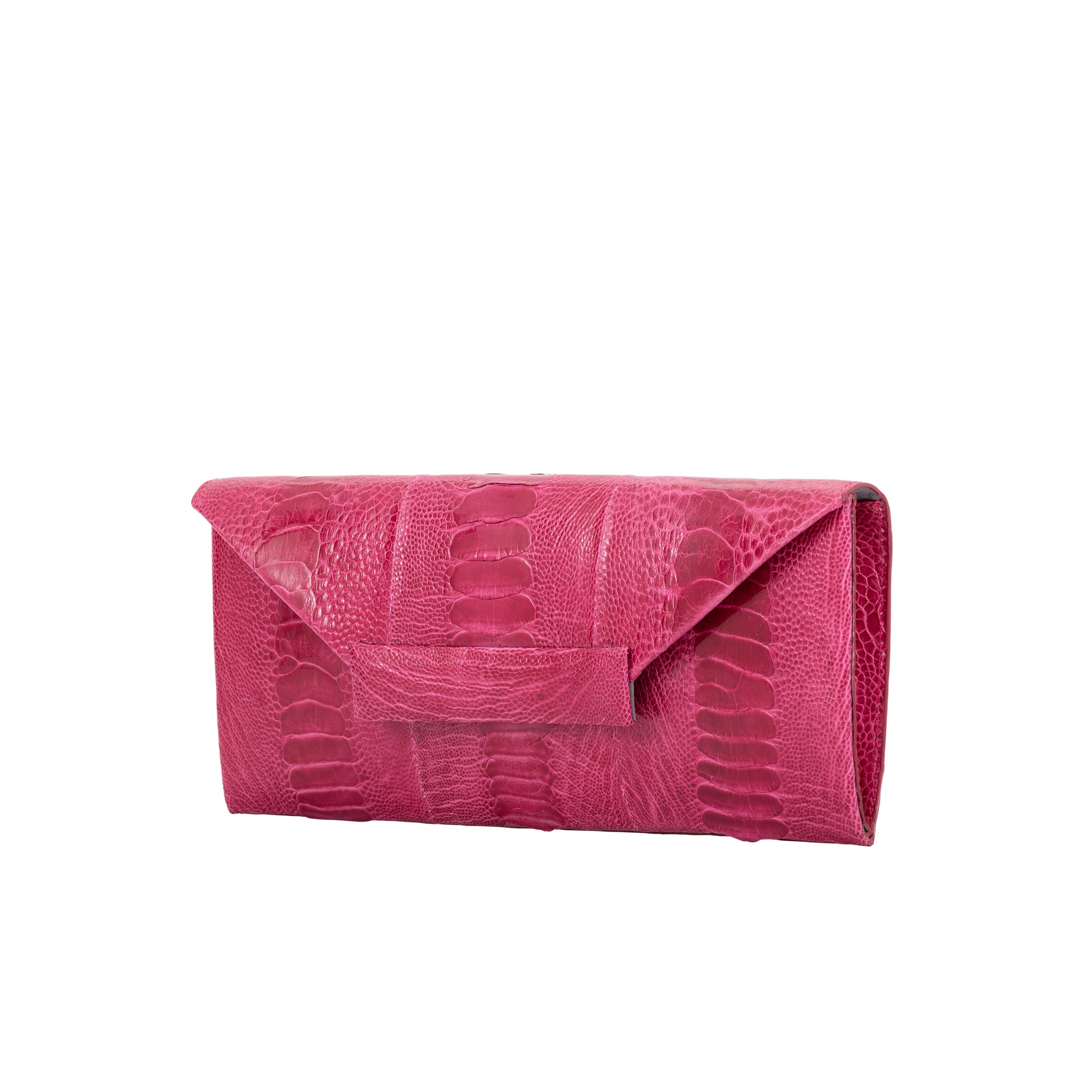Side of a pink ostrich leg textured handbag on a white background