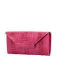 Side of a pink ostrich leg textured handbag on a white background
