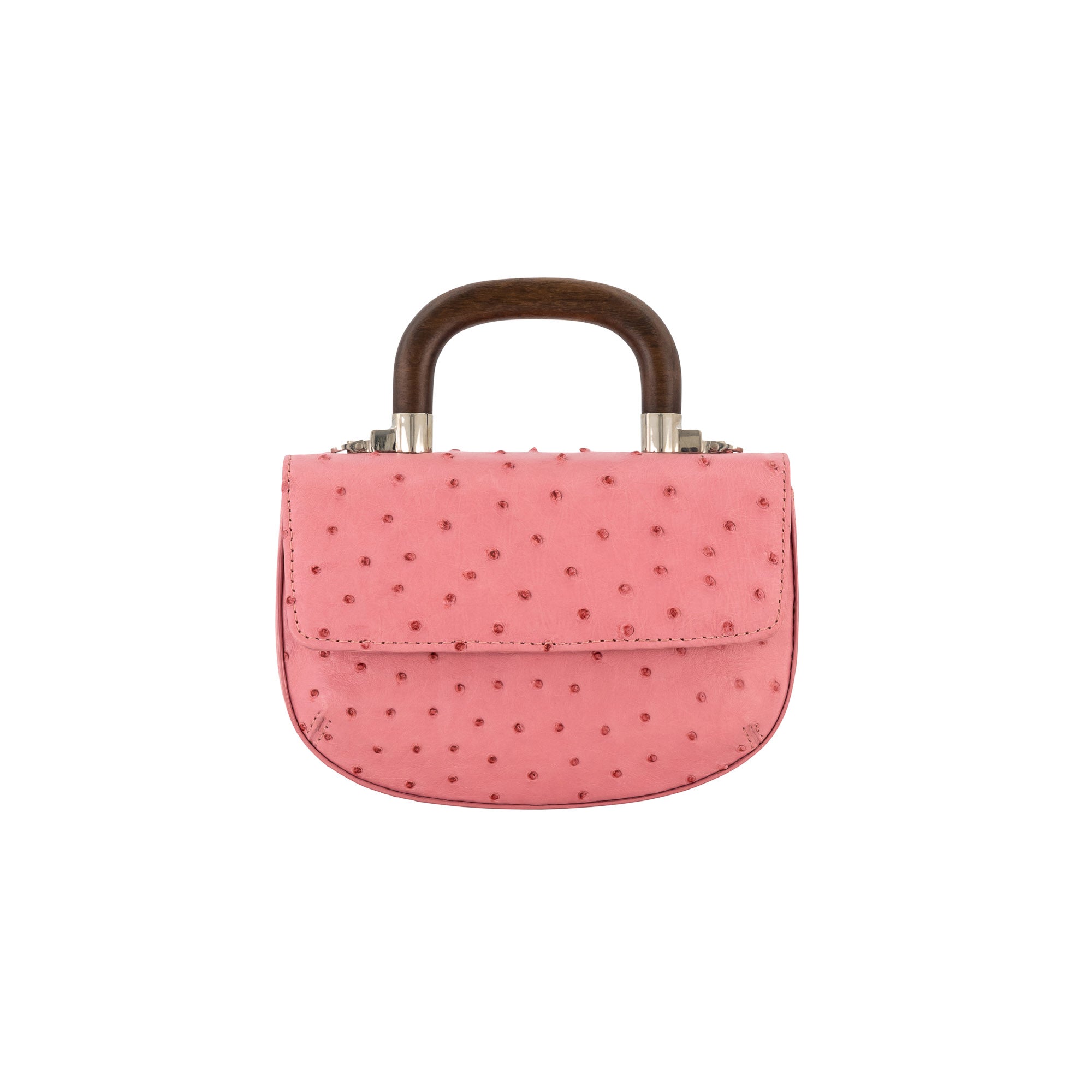 Front of a pink ostrich textured handbag and a wooden handle on a white background