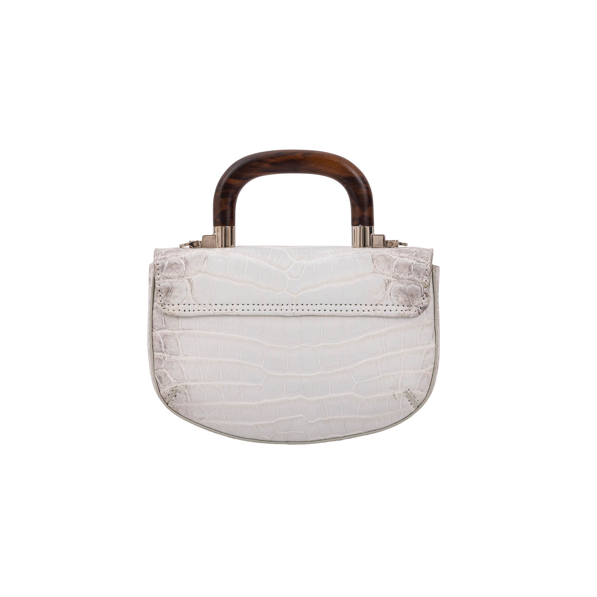 White crocodile-textured handbag with wooden handle on a white background