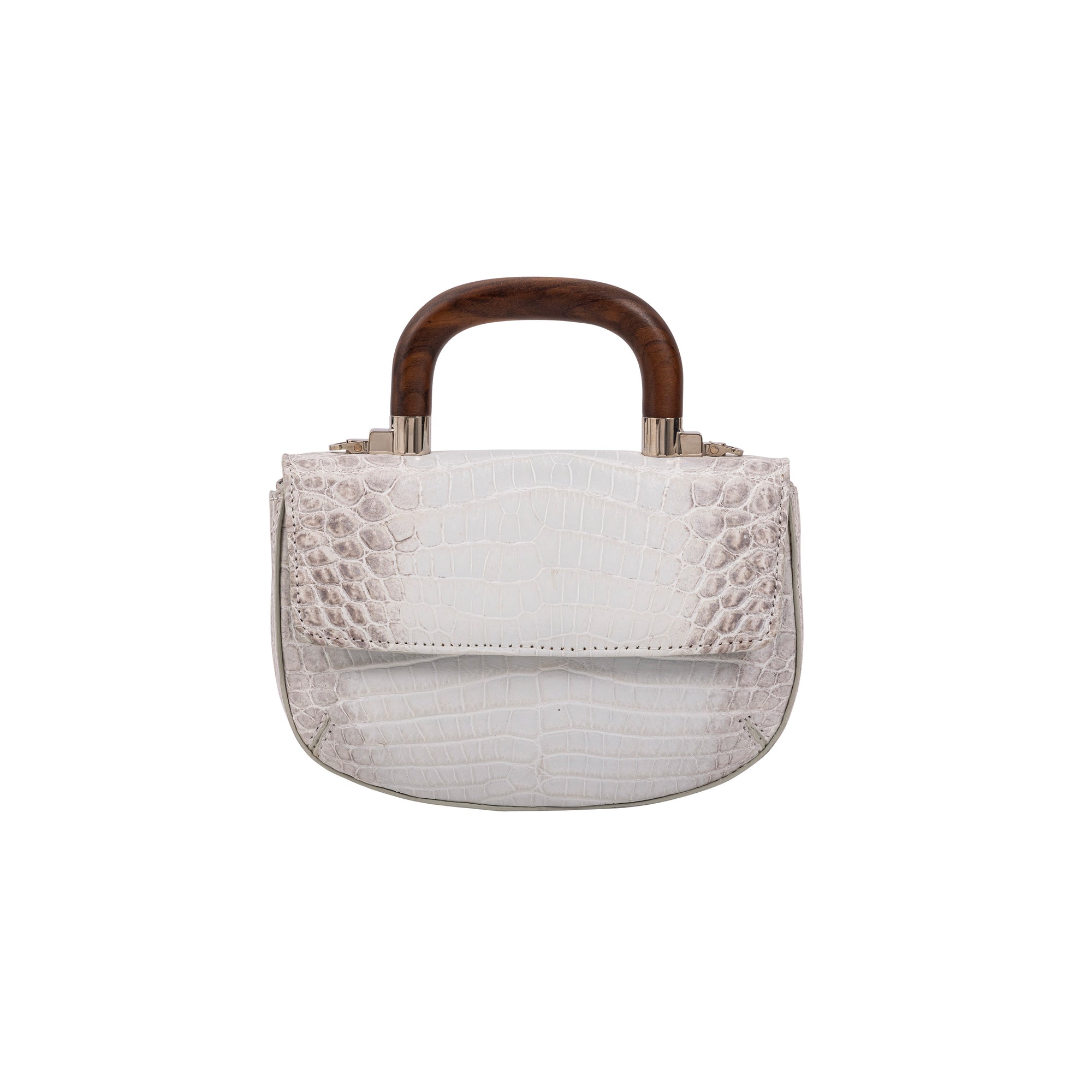 White crocodile-textured handbag with wooden handle on a white background