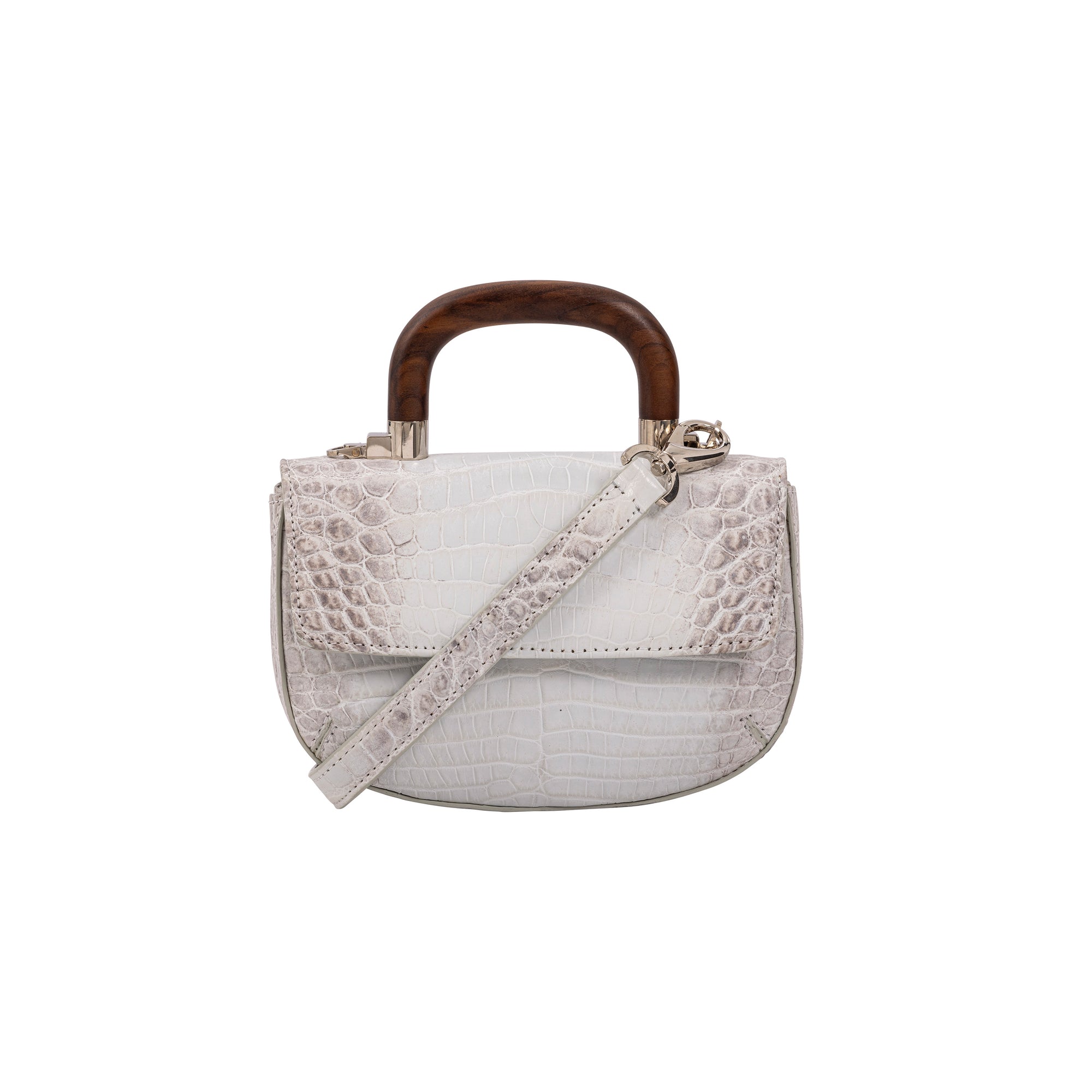 White crocodile-textured handbag with wooden handle on a white background