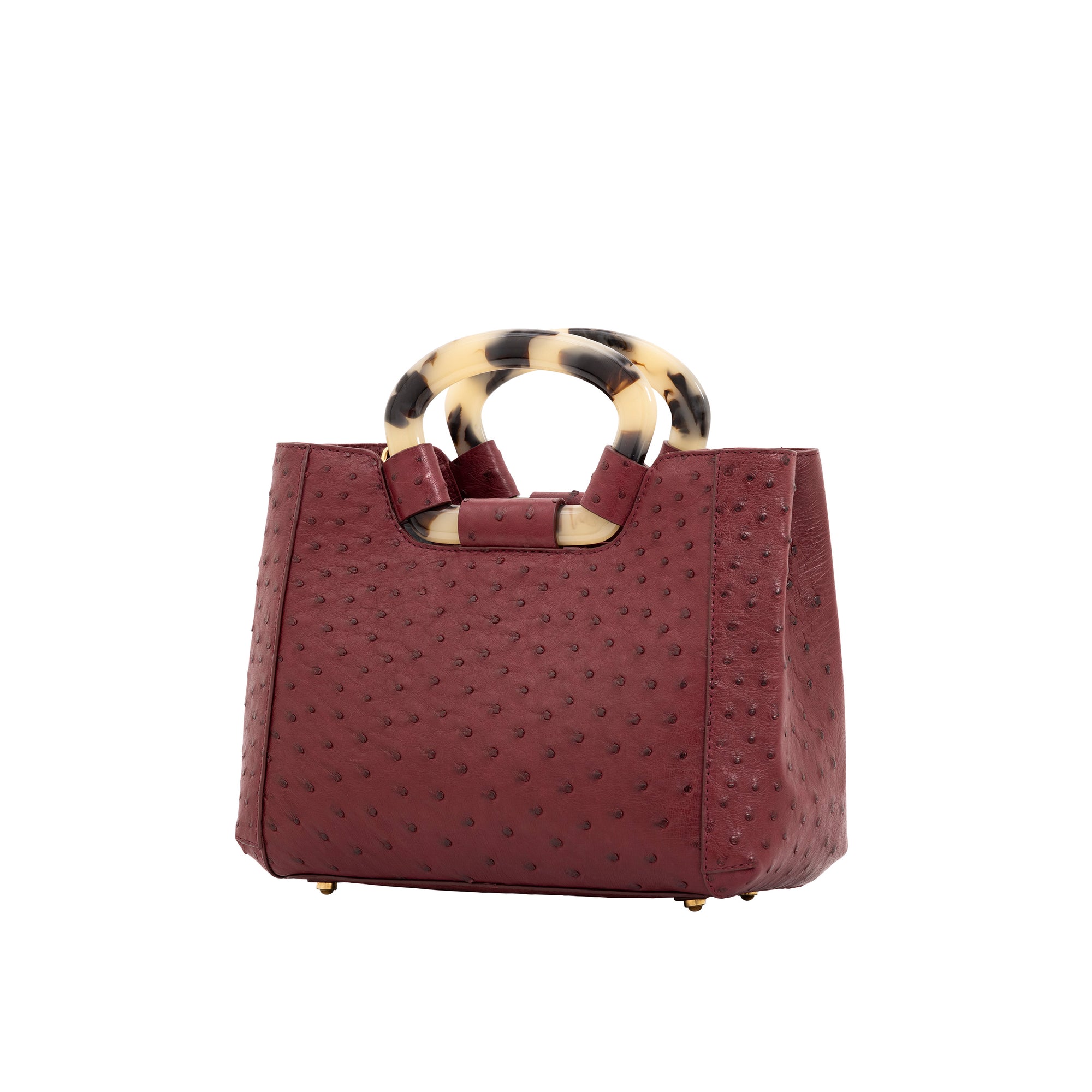 Side of jungle red ostrich handbag with a handle on a white background