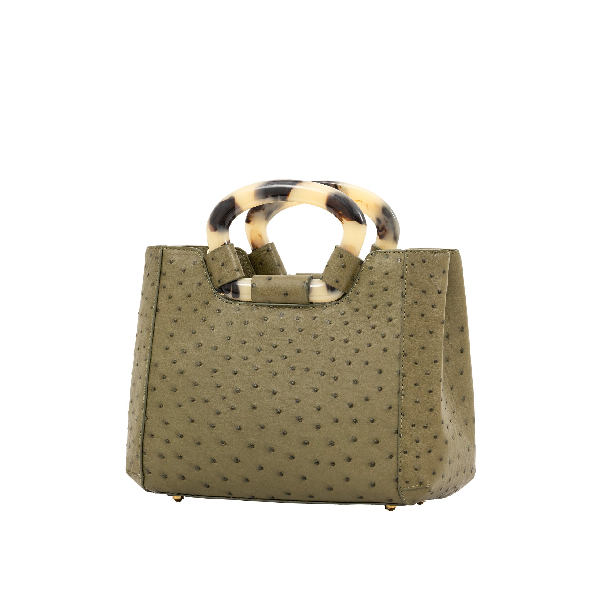 Side of jungle green ostrich handbag with a handle on a white background