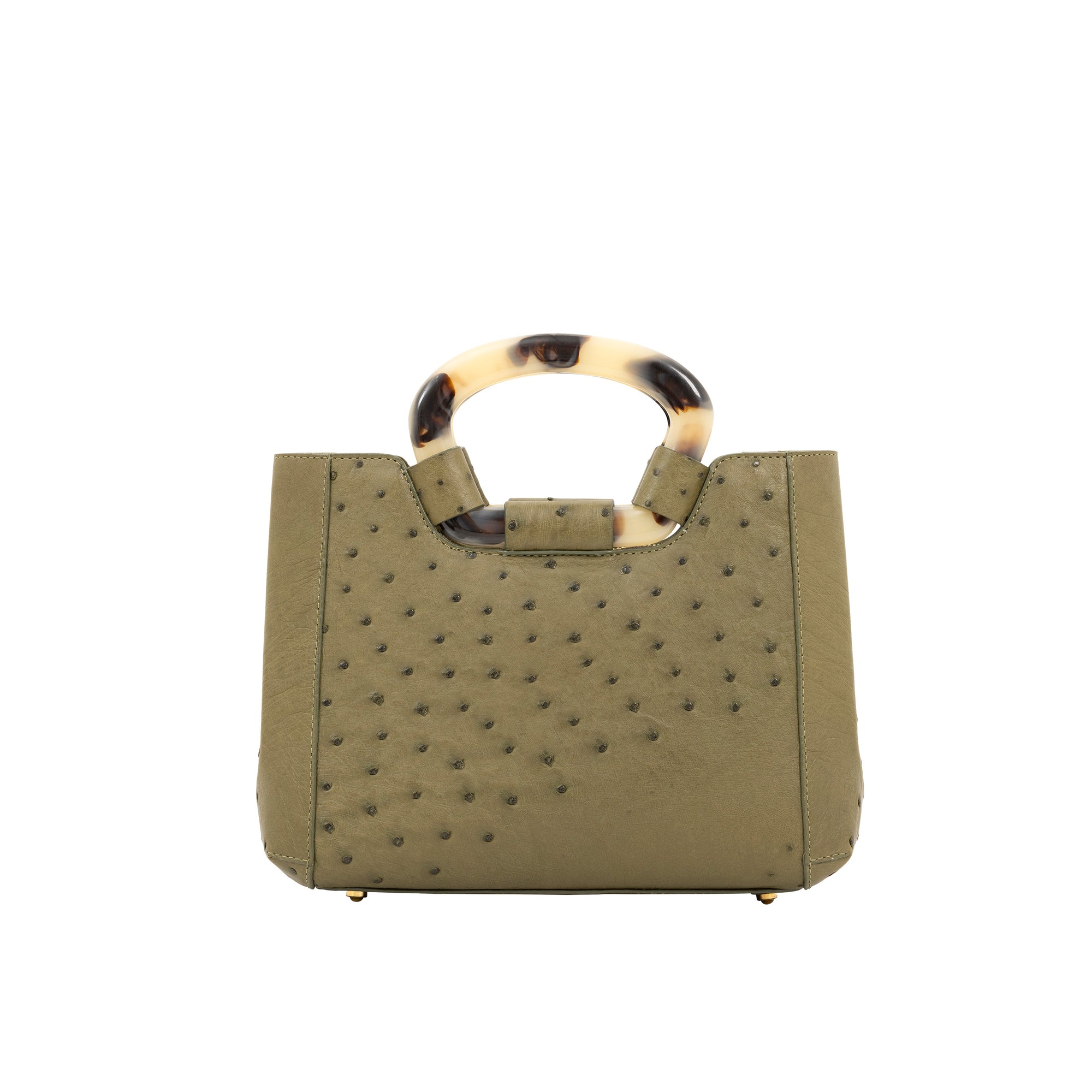Back of jungle green ostrich handbag with a handle on a white background