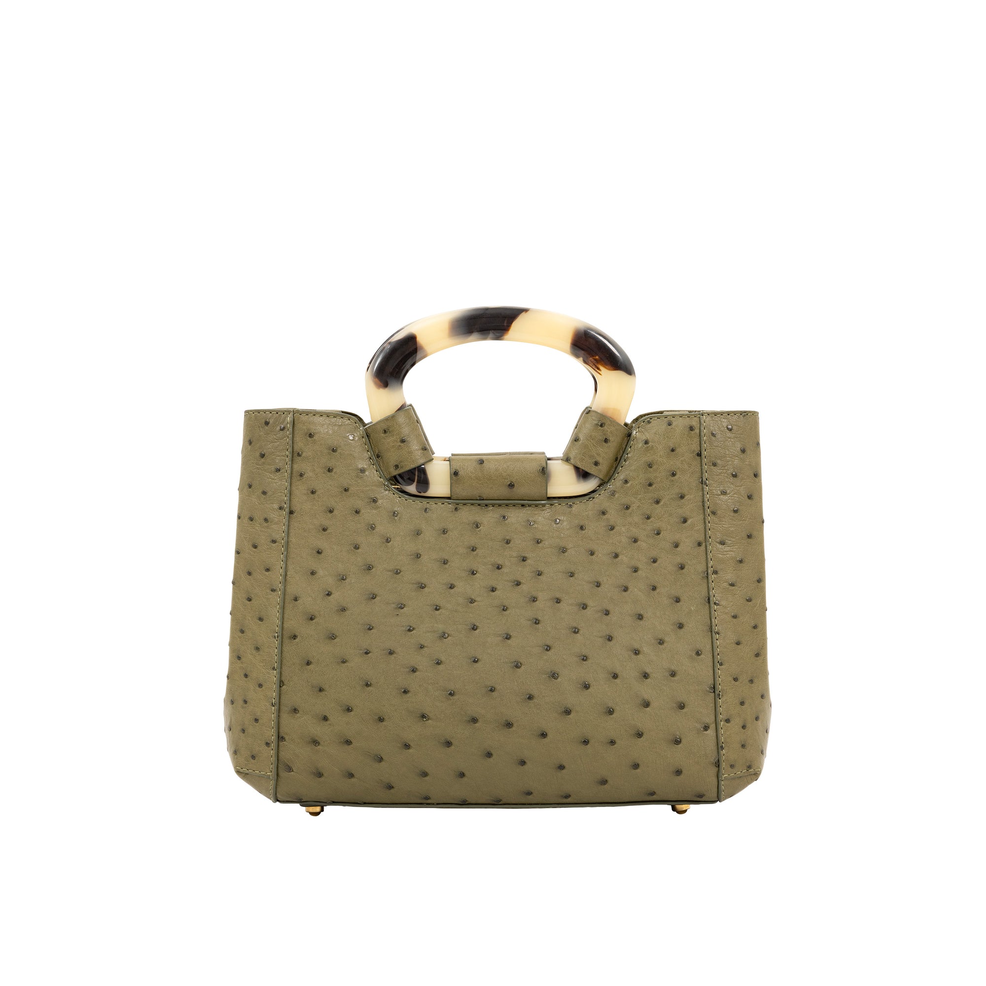 Front of jungle green ostrich handbag with a handle on a white background