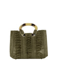 Back of a forest green textured handbag on a white background