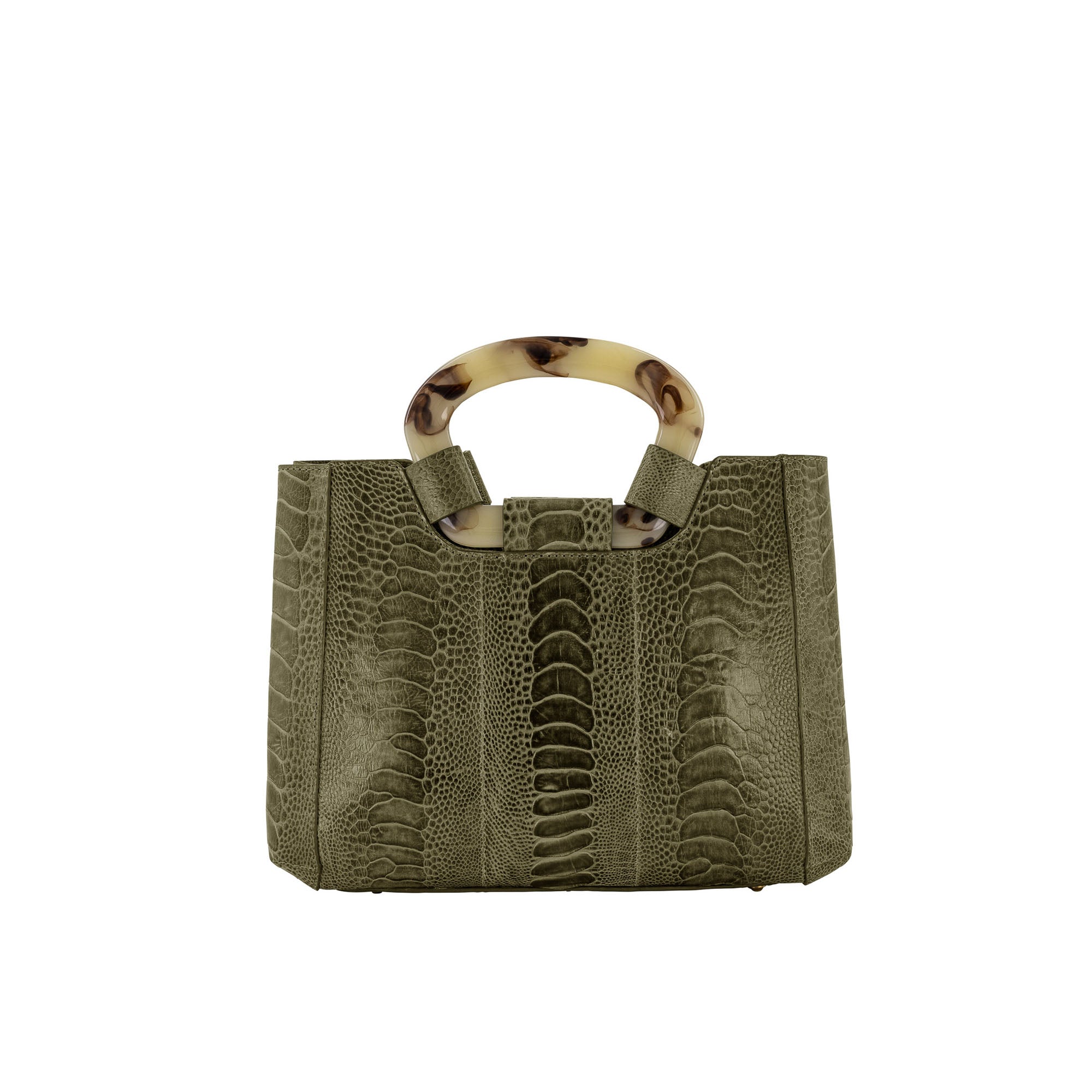 Front of a forest green textured handbag on a white background