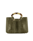 Front of a forest green textured handbag on a white background