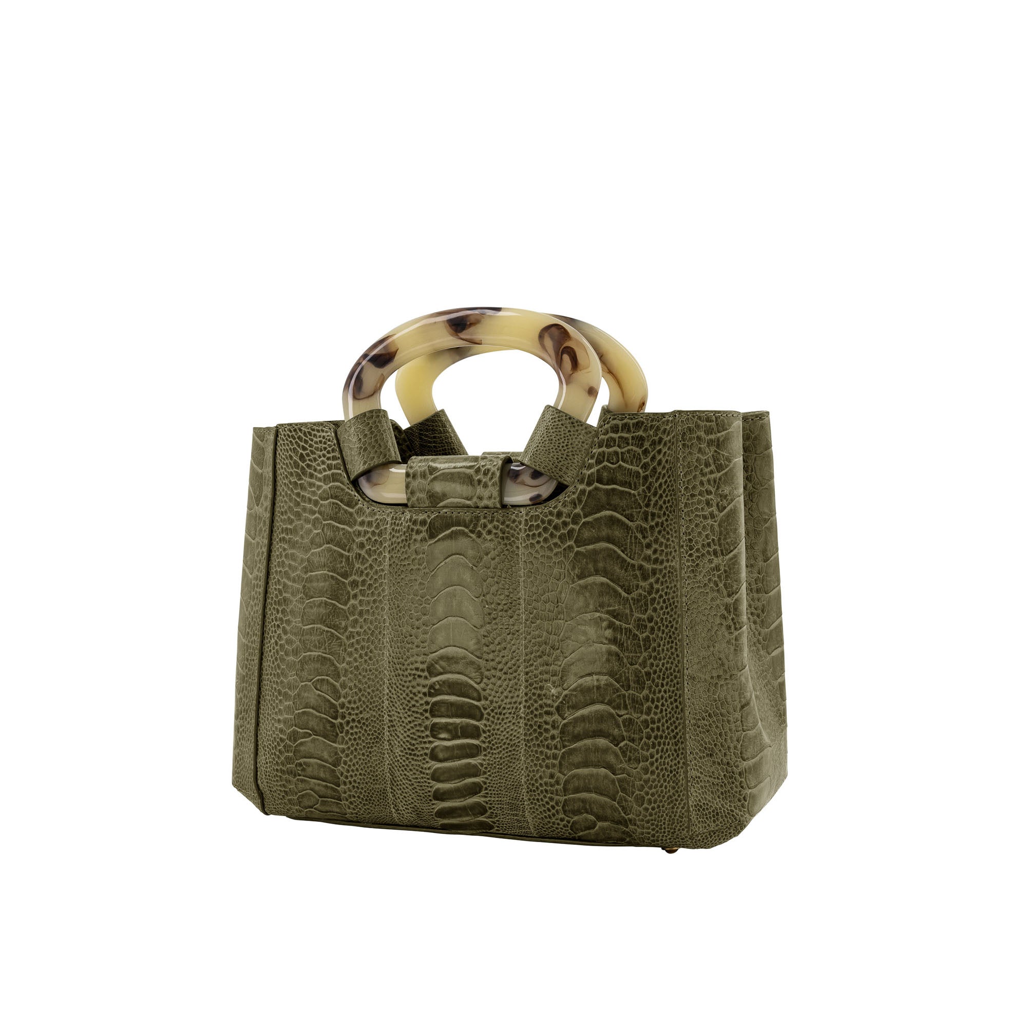 Side of a forest green textured handbag on a white background