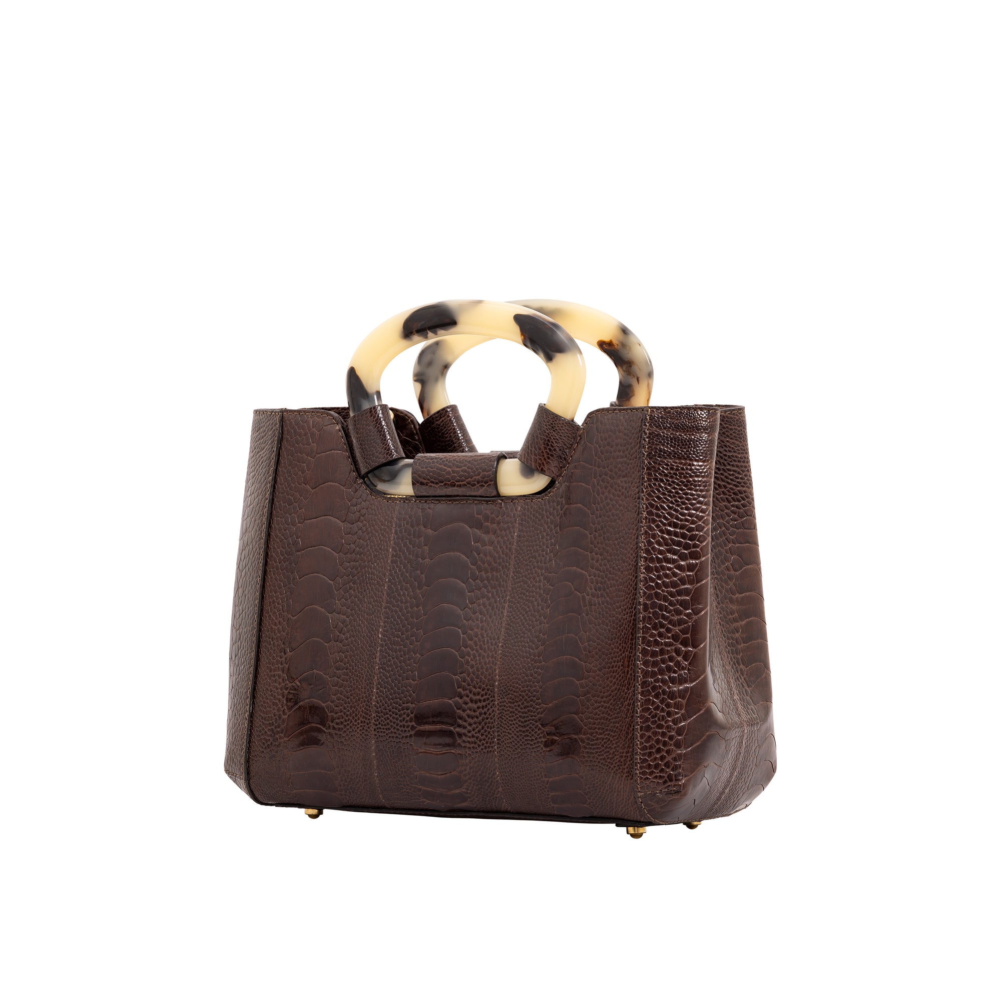 Side of brown handbag with a handle on a white background
