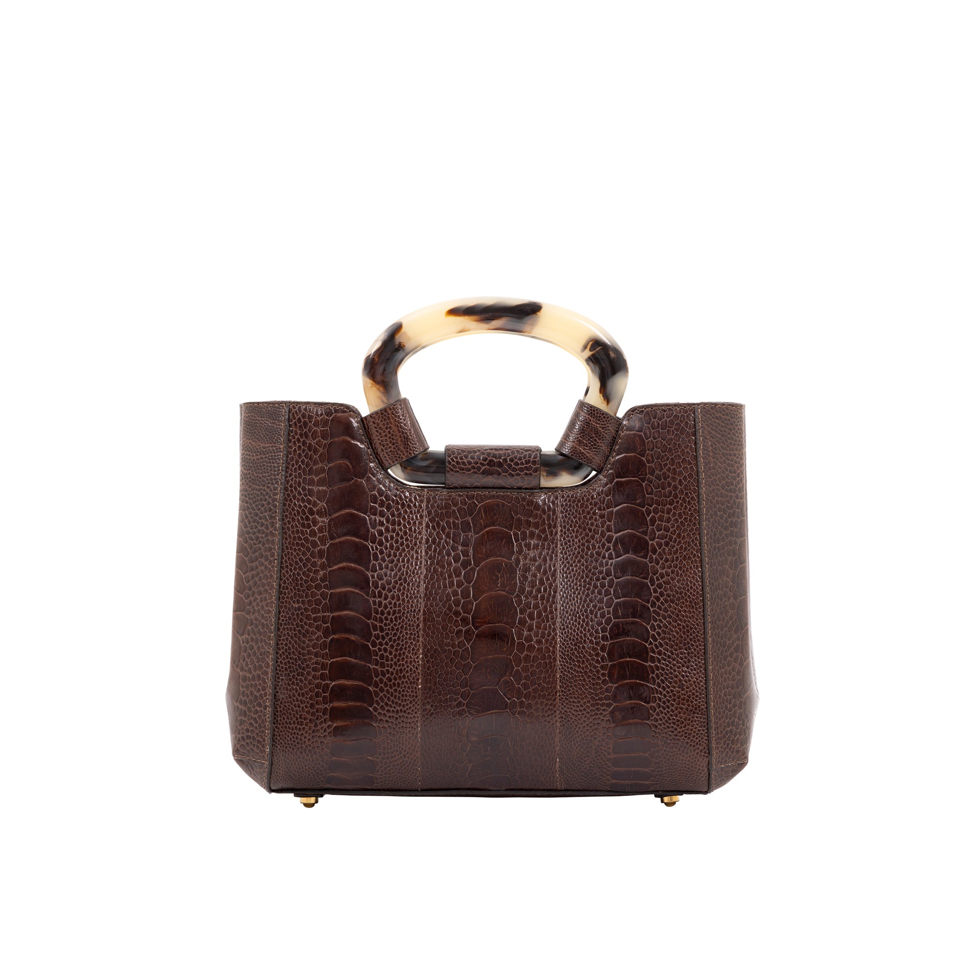 Brown textured handbag with a handle on a white background