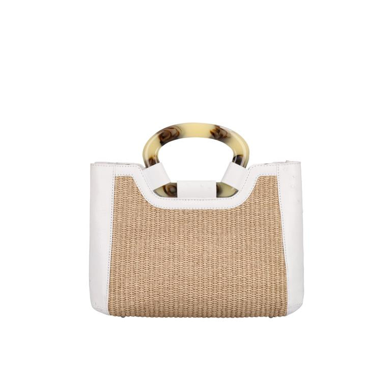 Front of a woven bag with a white outline on a white background