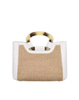 Front of a woven bag with a white outline on a white background