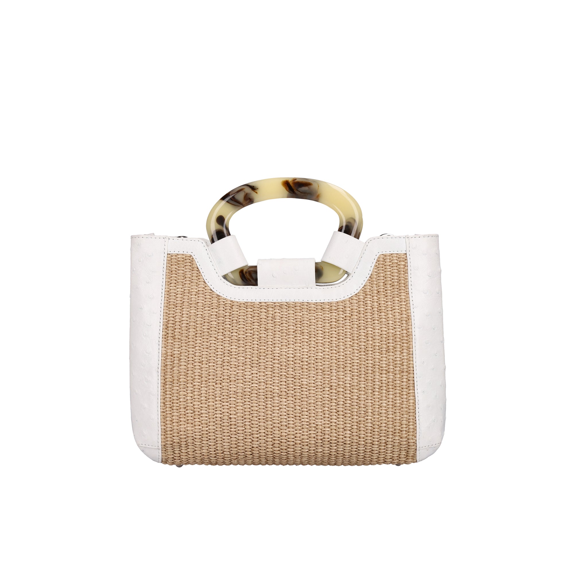 Front of a woven handbag with a white ostrich outline on a white background