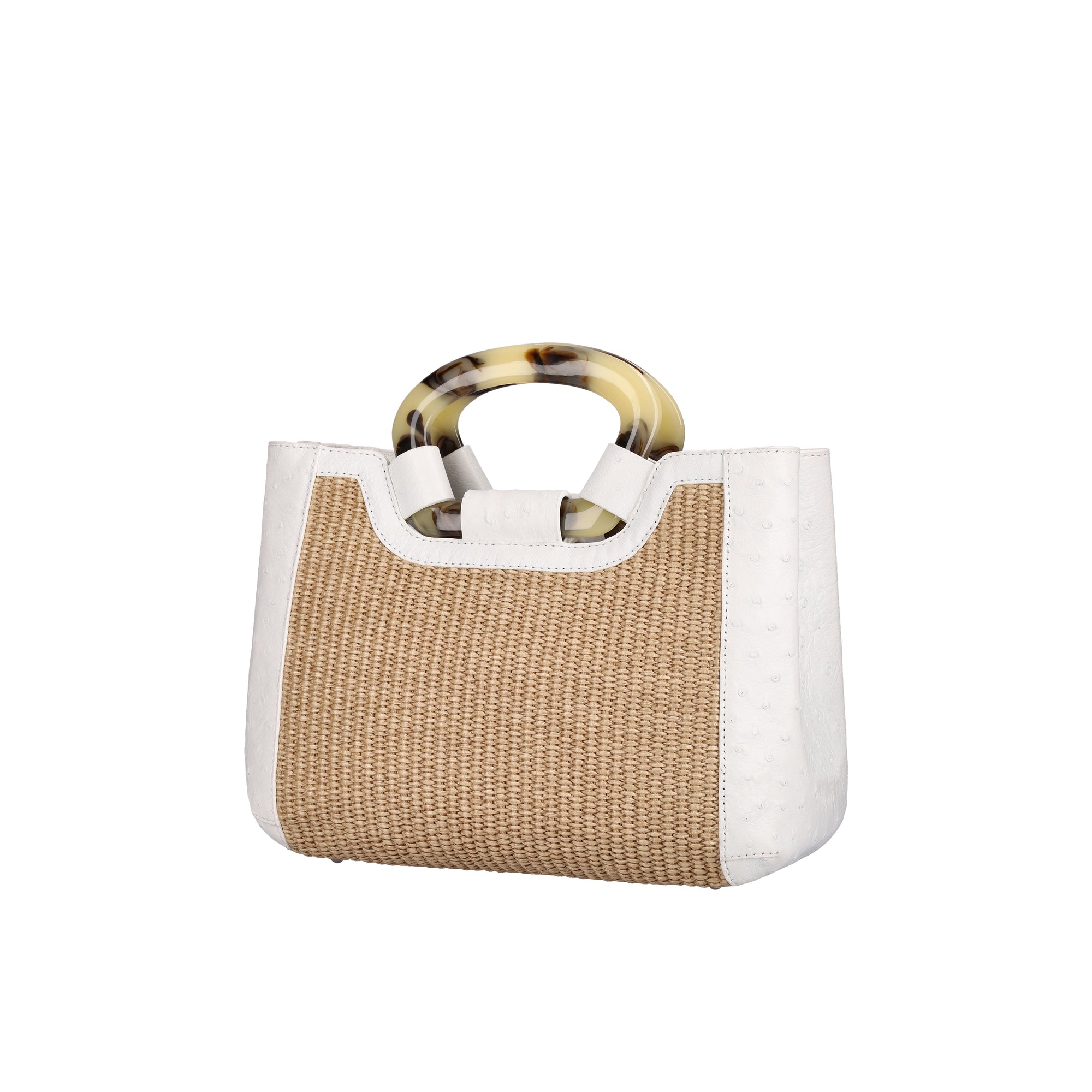 Side of a woven handbag with a white ostrich outline on a white background