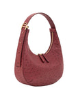 Red ostrich-textured handbag with a gold buckle on a white background