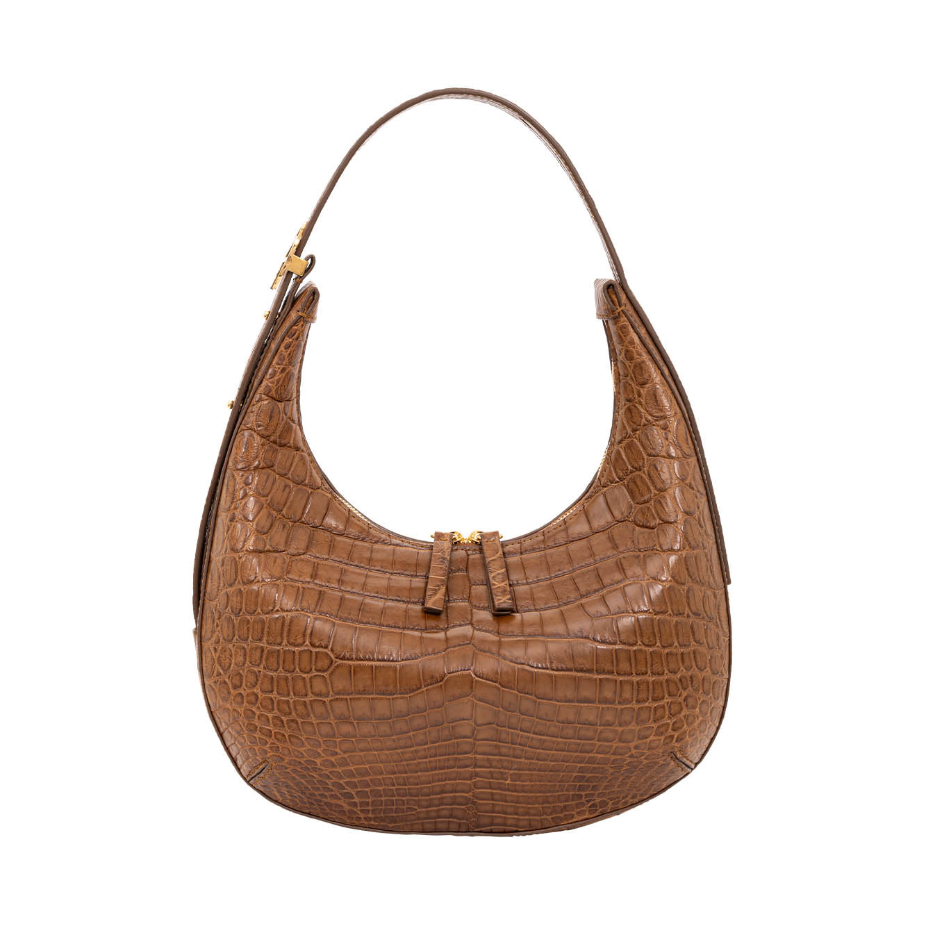 Brown crocodile-patterned handbag on a white background