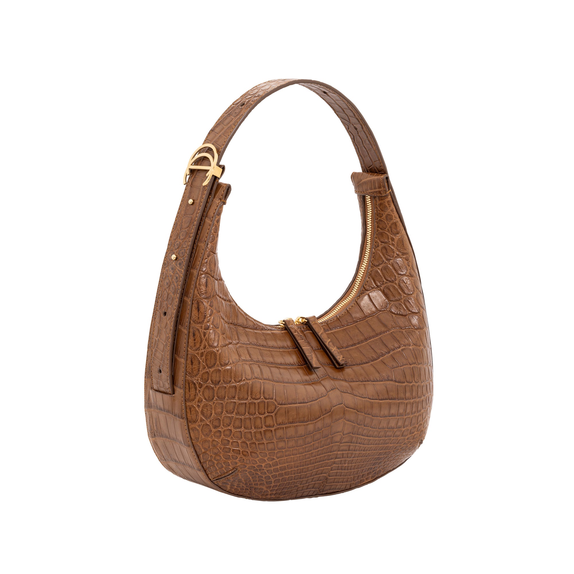 Brown crocodile-textured handbag with a gold buckle on a white background