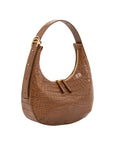 Brown crocodile-textured handbag with a gold buckle on a white background