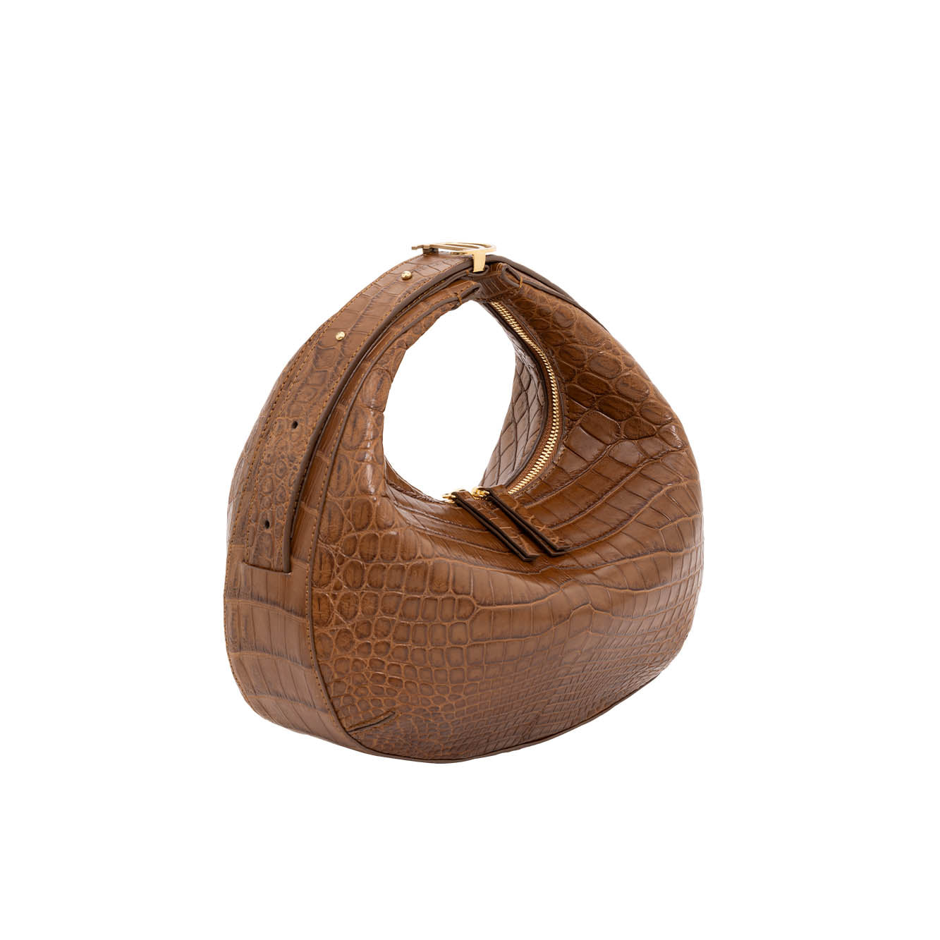 Brown crocodile-textured handbag on a white background