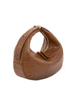 Brown crocodile-textured handbag on a white background