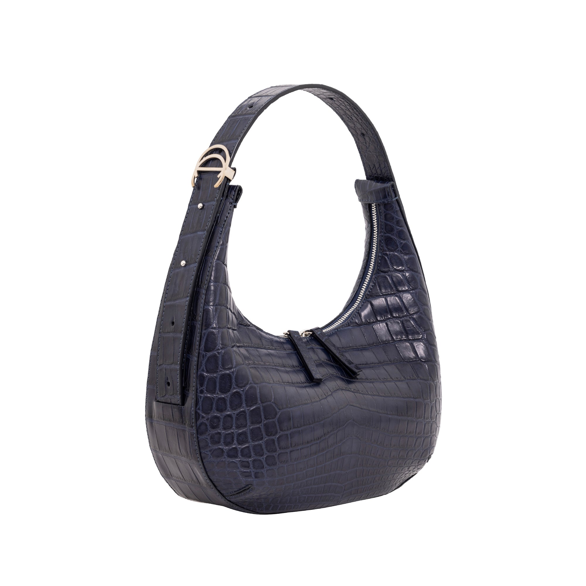 Navy crocodile-patterned handbag on a white background