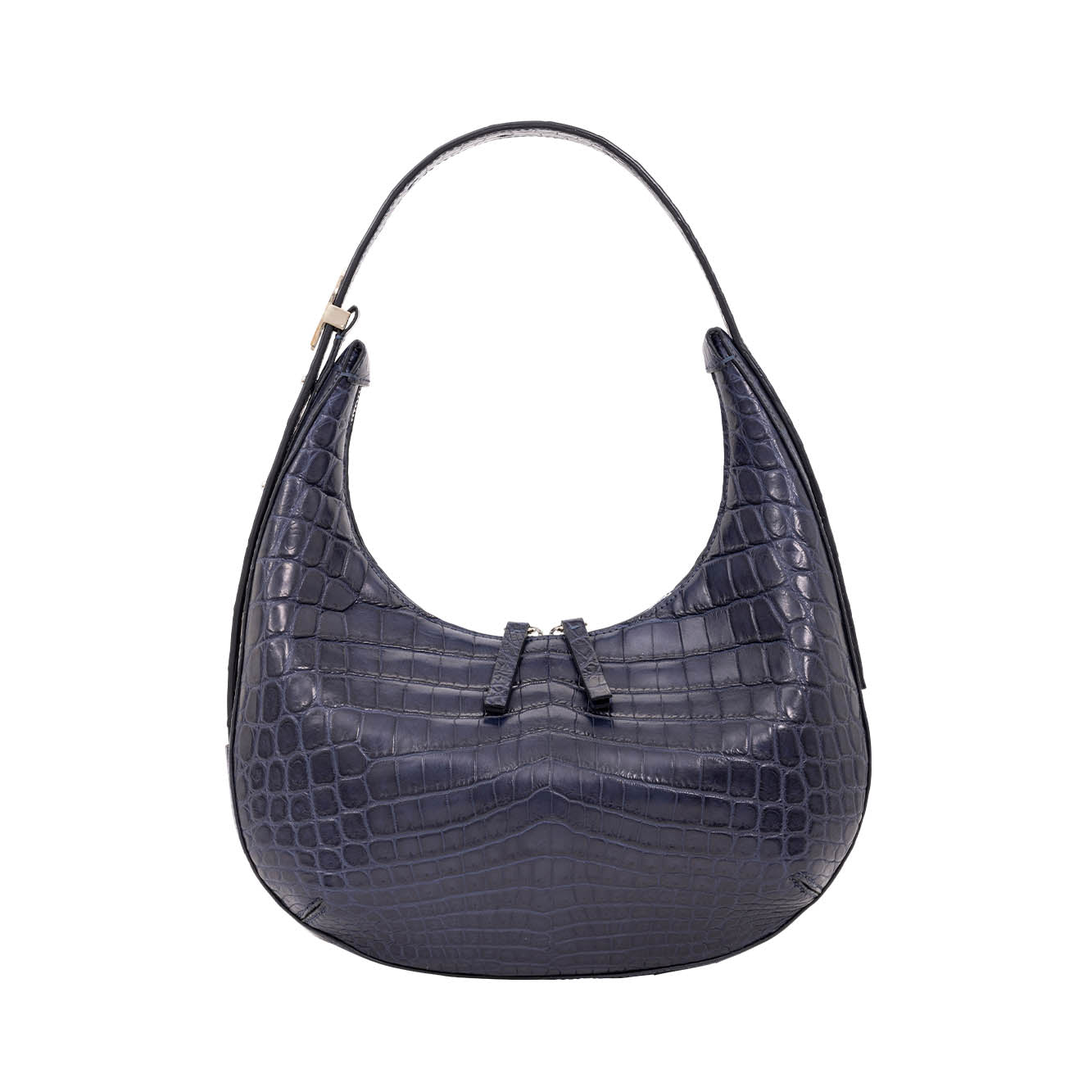 Dark Blue crocodile-patterned handbag on a white background