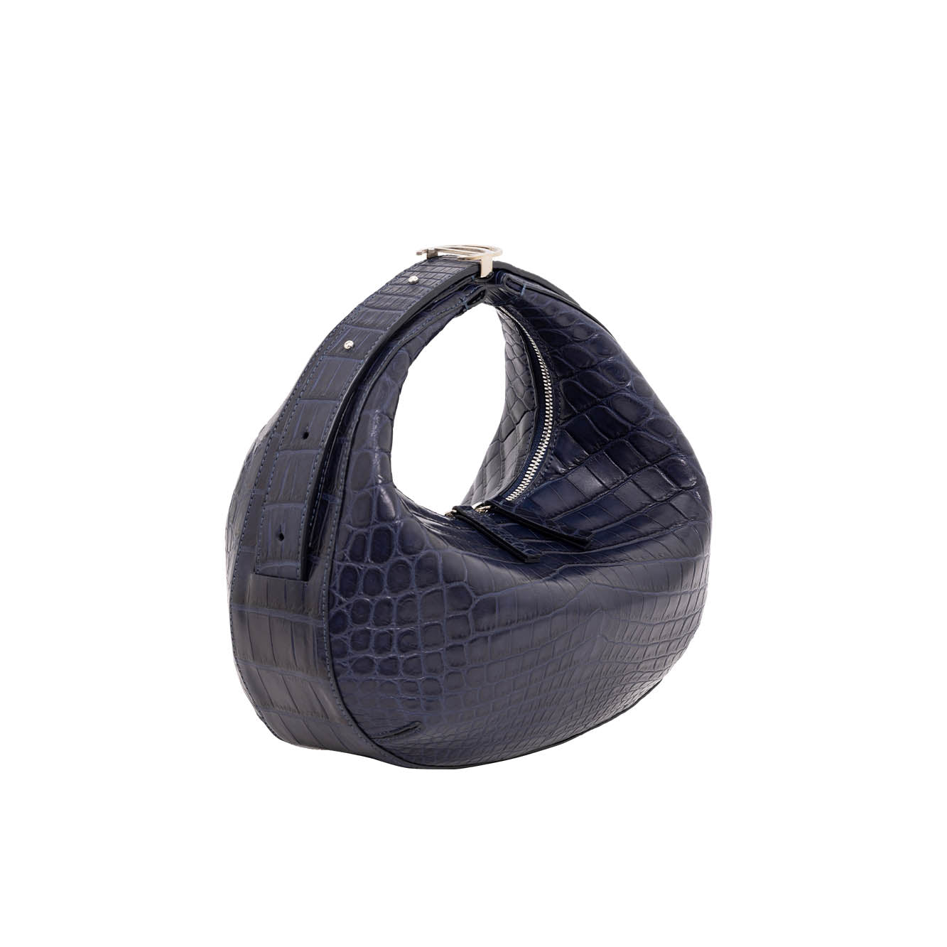 Navy blue handbag with crocodile texture on a white background