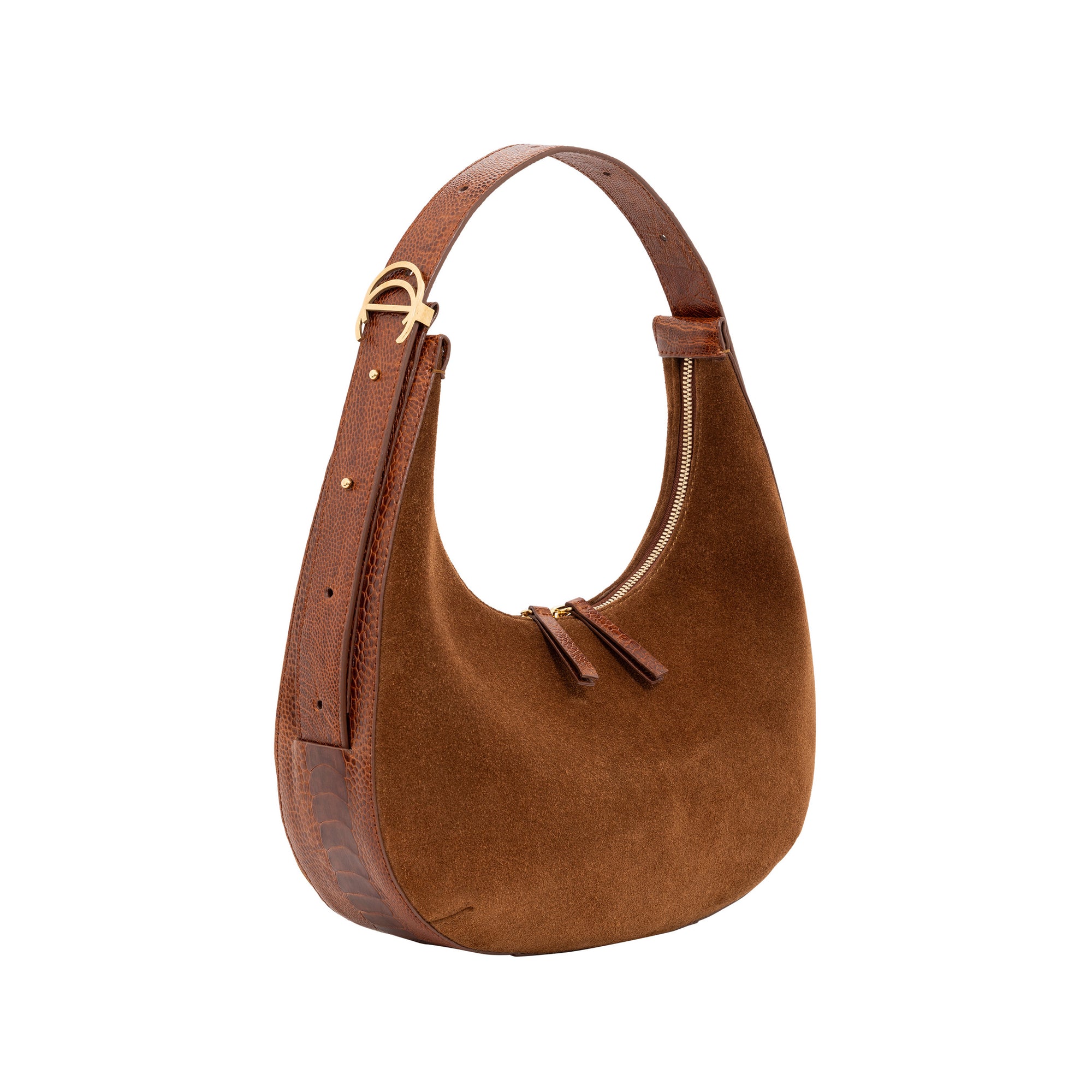 Brown suede handbag with gold accents on a white background