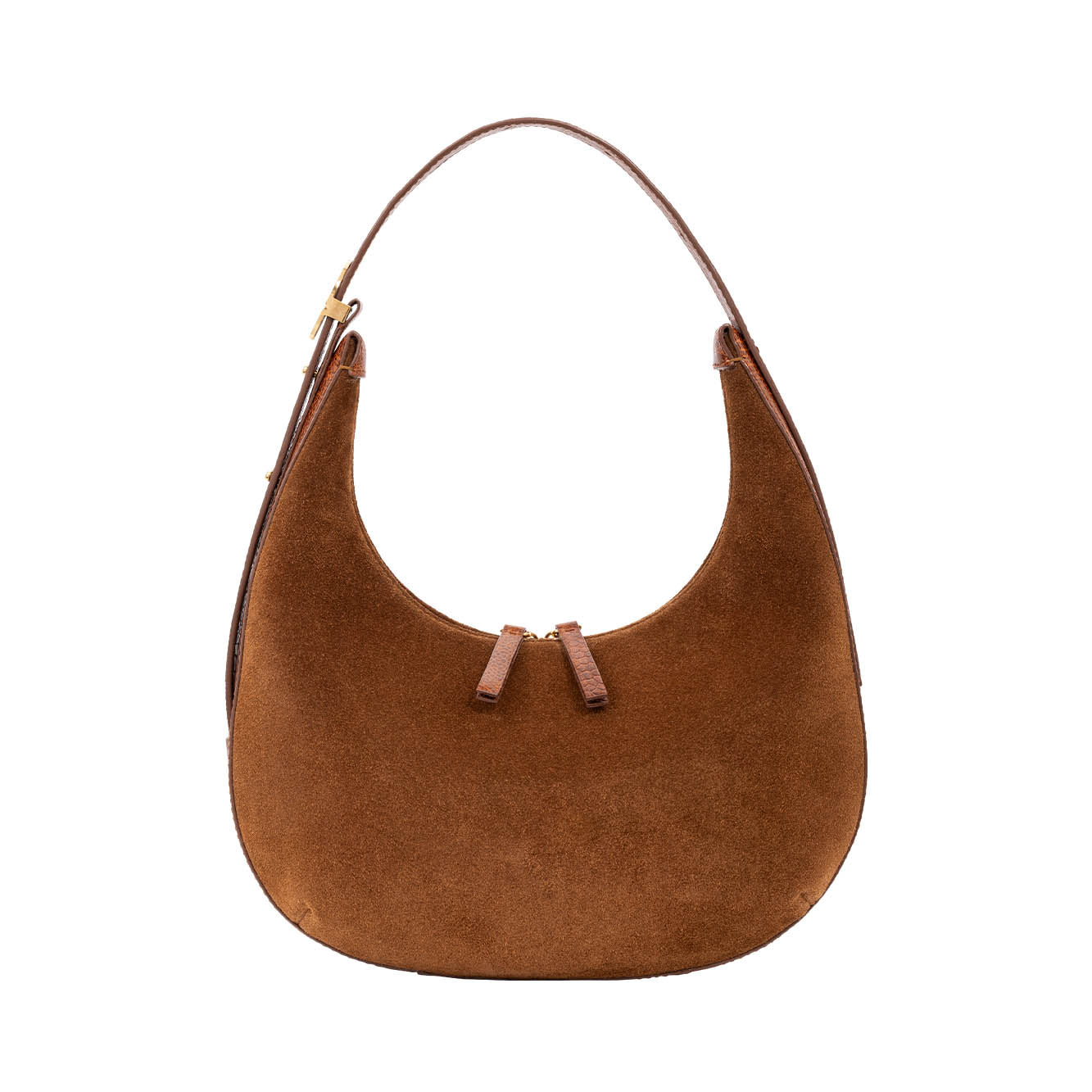 Brown suede handbag with a strap on a white background