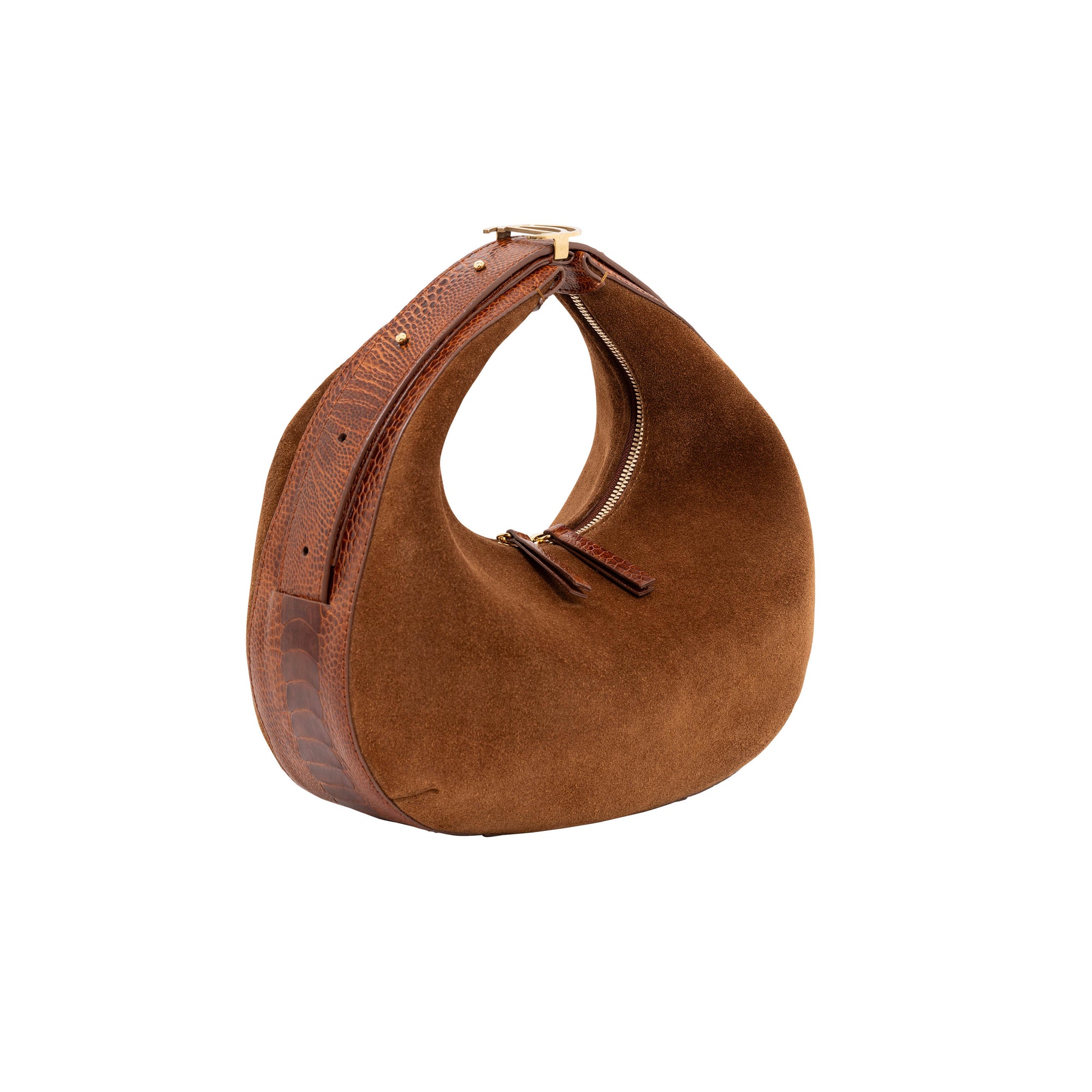 Brown suede handbag on a white background