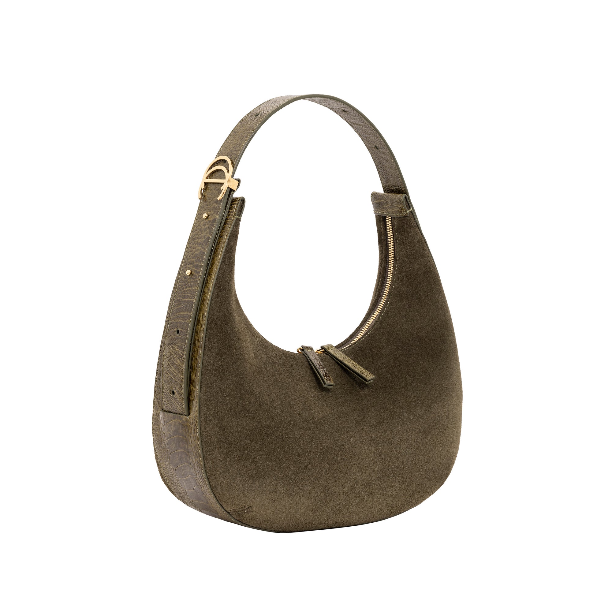 Brown suede handbag with gold accents on a white background