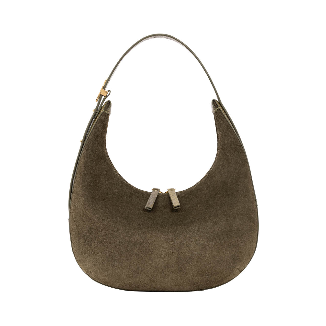 Brown suede handbag with a strap on a white background