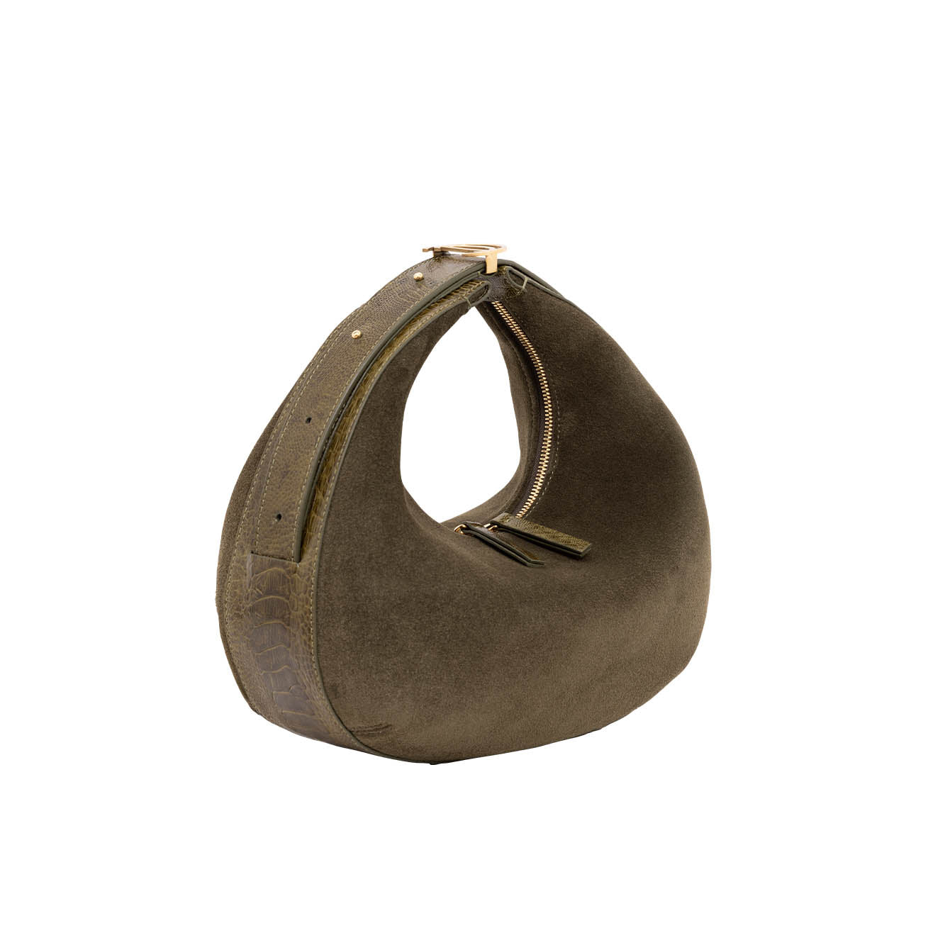 Brown suede handbag with gold zipper on a white background