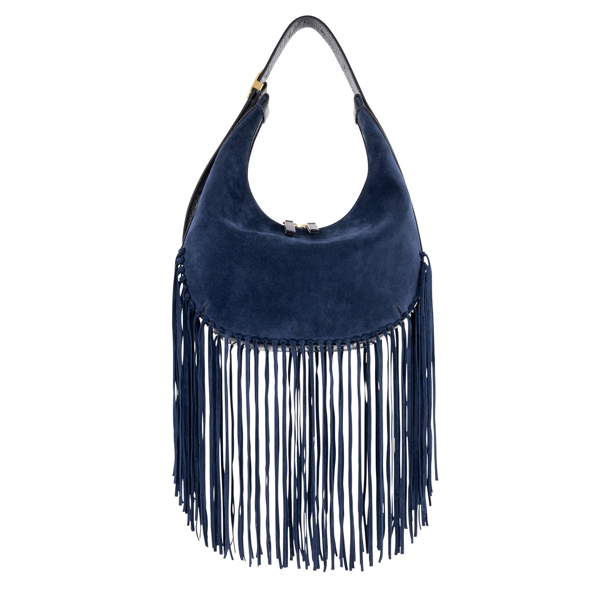 Navy blue suede handbag with fringe details on a white background
