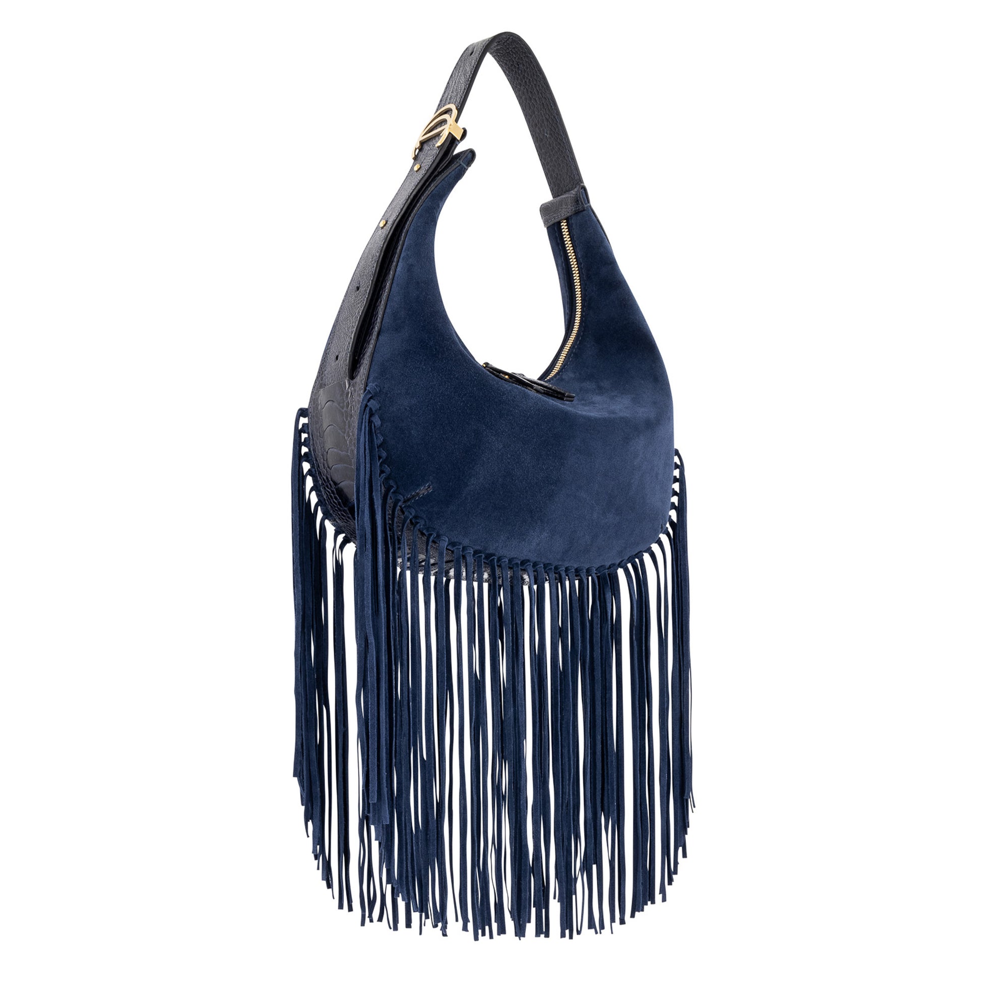 Navy blue suede handbag with fringe details on a white background
