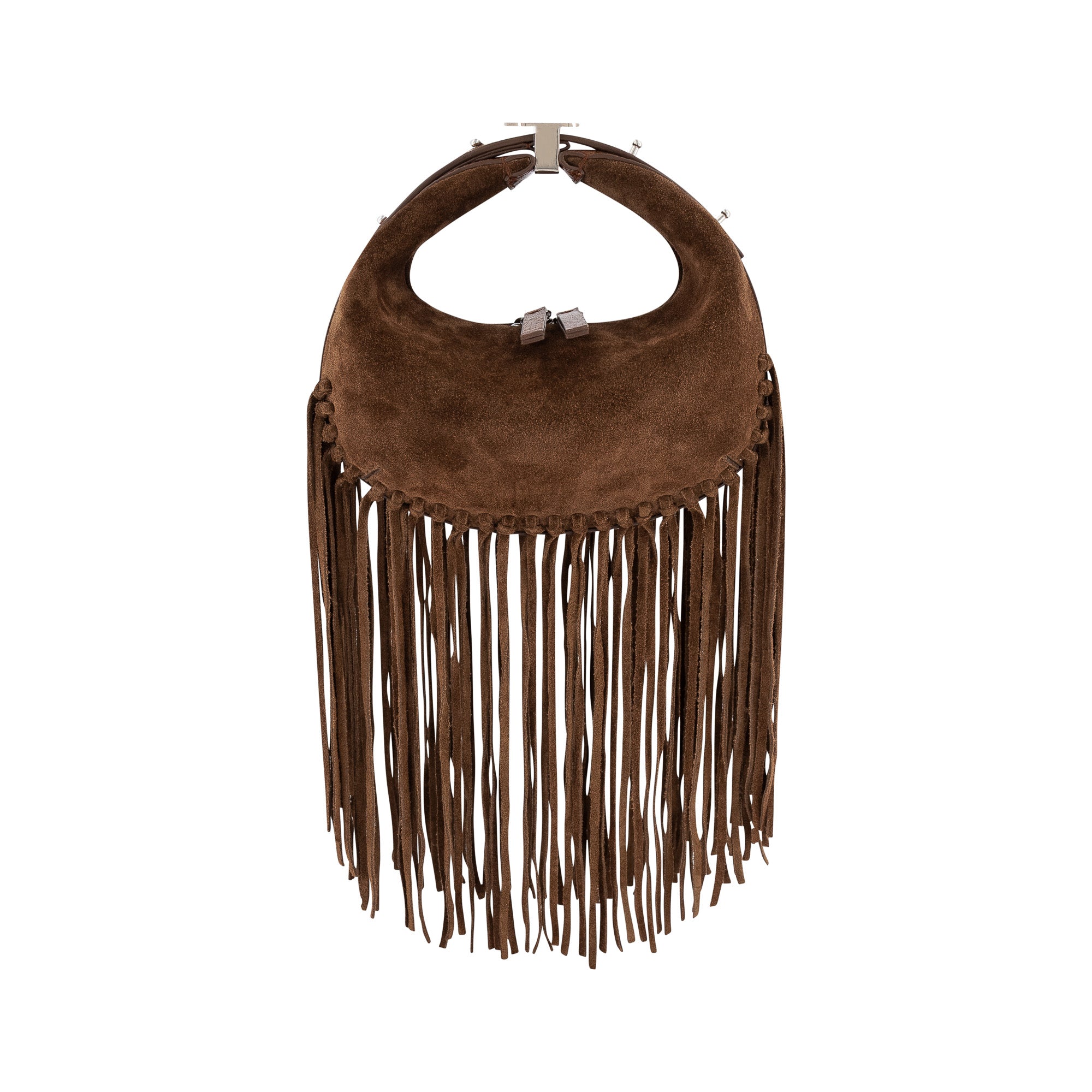Front of cognac suede handbag with fringe details on a white background