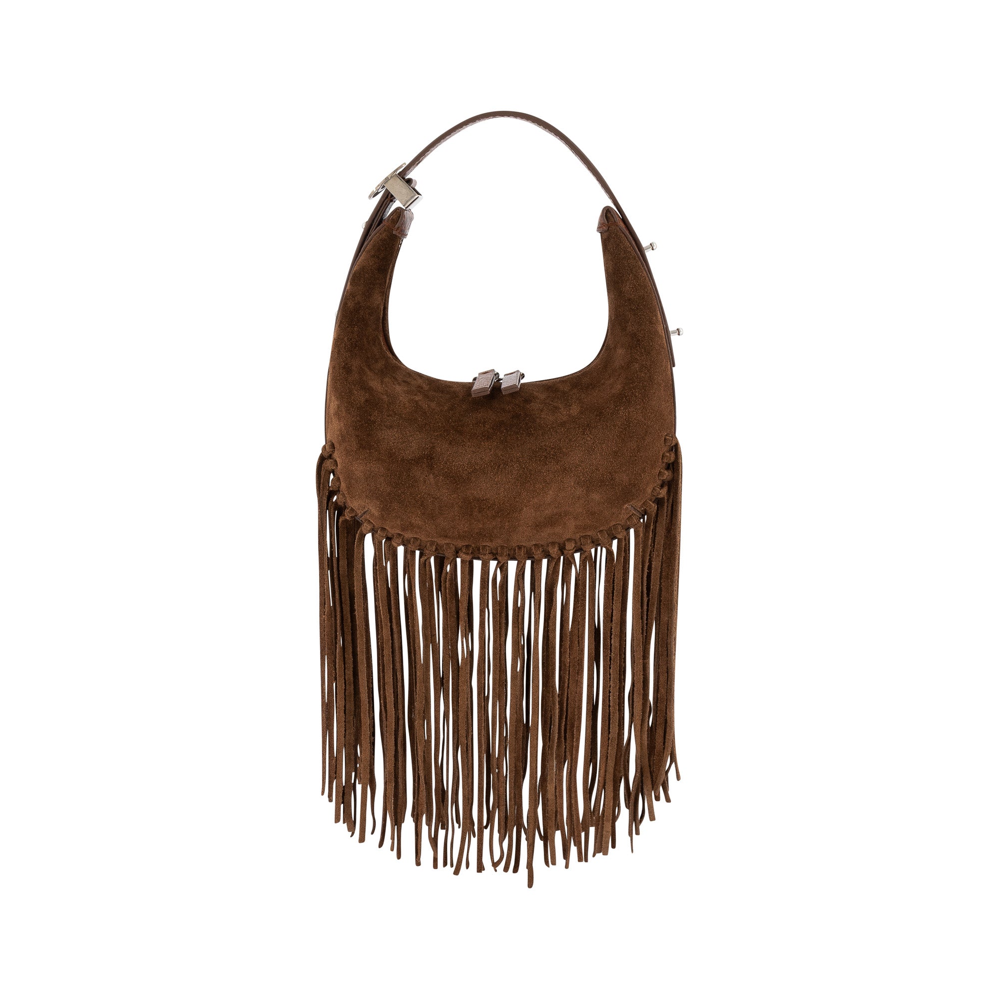 Front of cognac suede handbag with fringe details on a white background