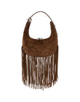 Front of cognac suede handbag with fringe details on a white background