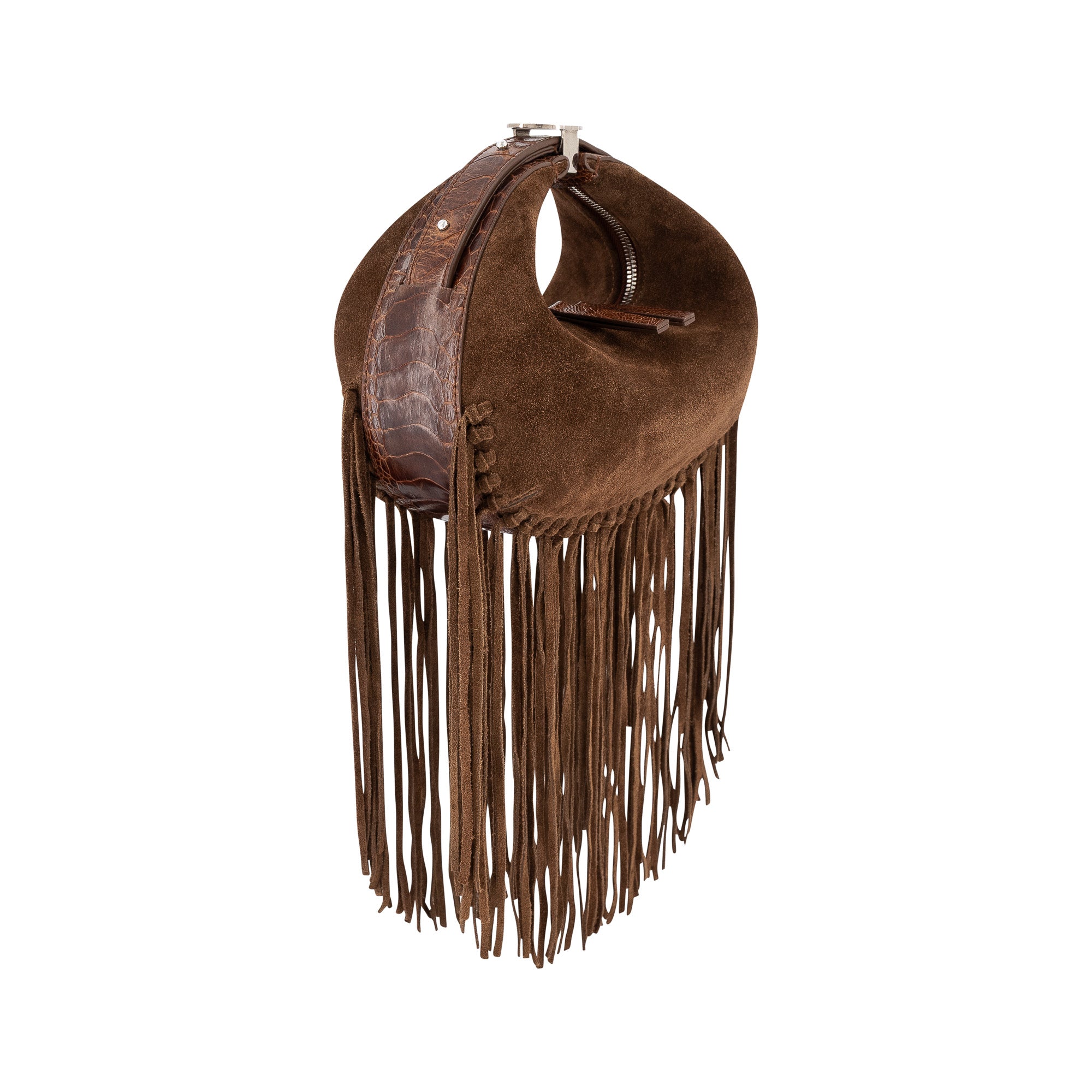 Side of cognac suede handbag with fringe details on a white background