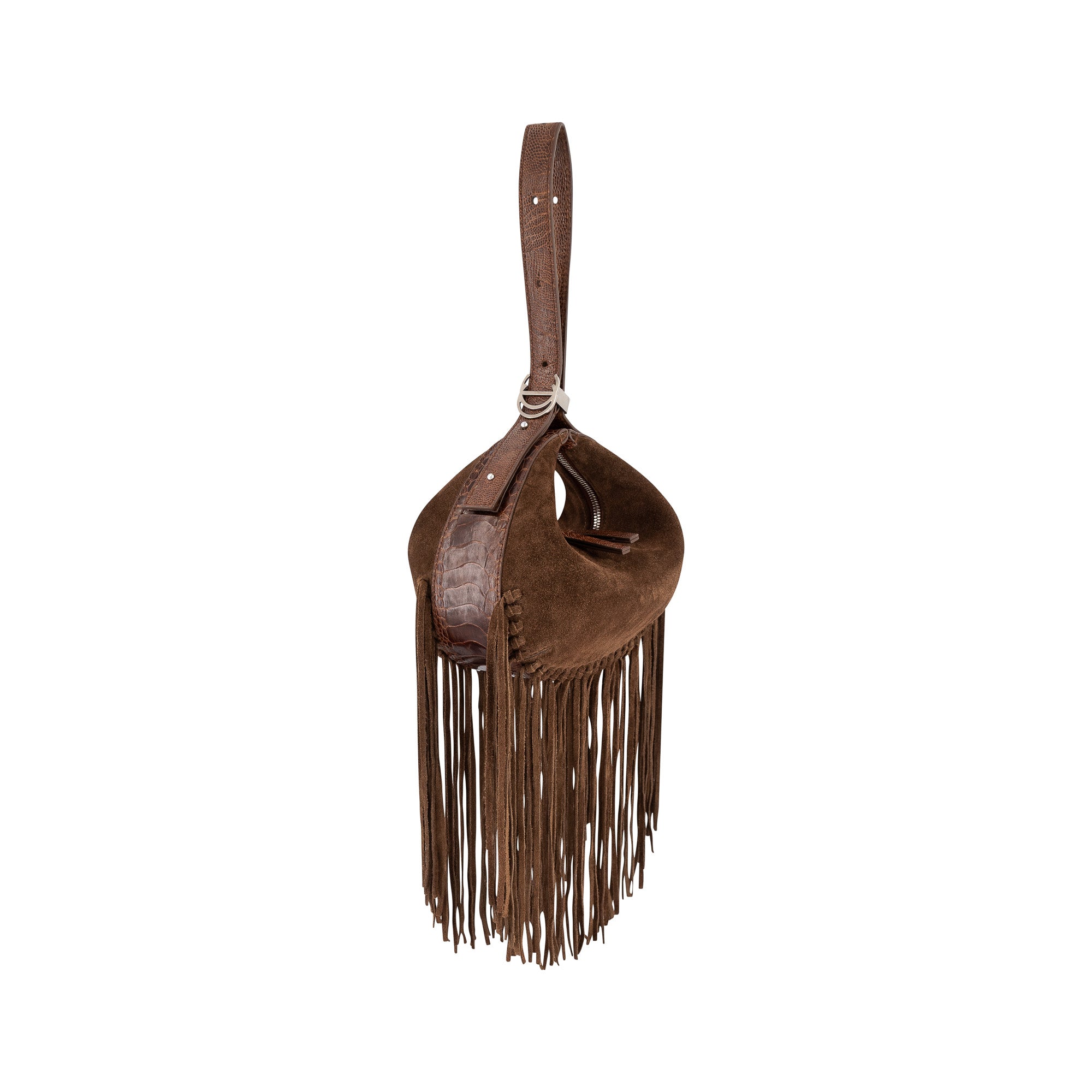 Side of cognac suede handbag with fringe details on a white background