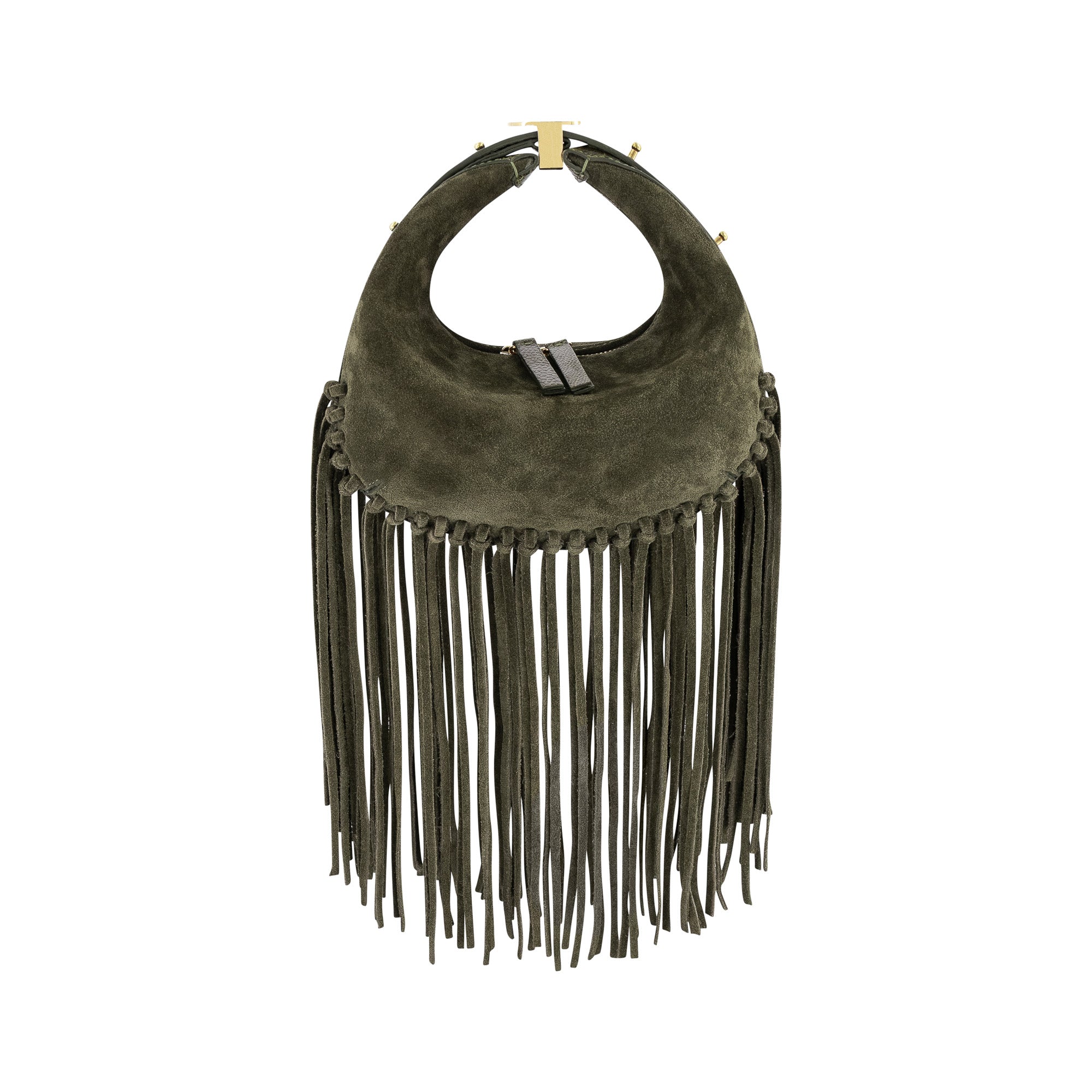 Front of olive green suede handbag with fringe details on a white background