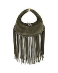Front of olive green suede handbag with fringe details on a white background