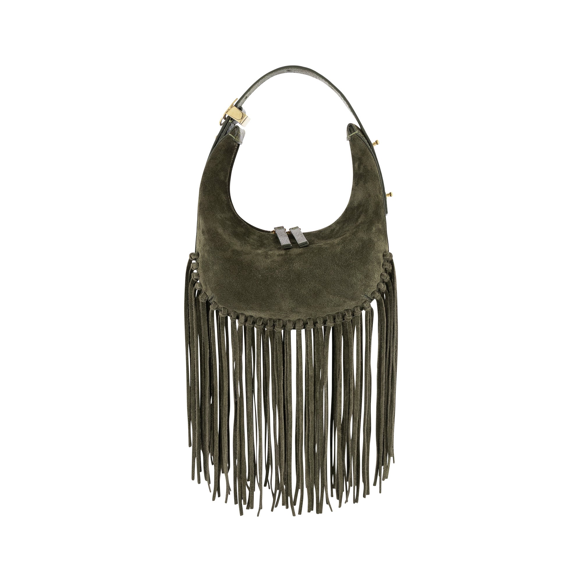 Olive green suede handbag with fringe details on a white background