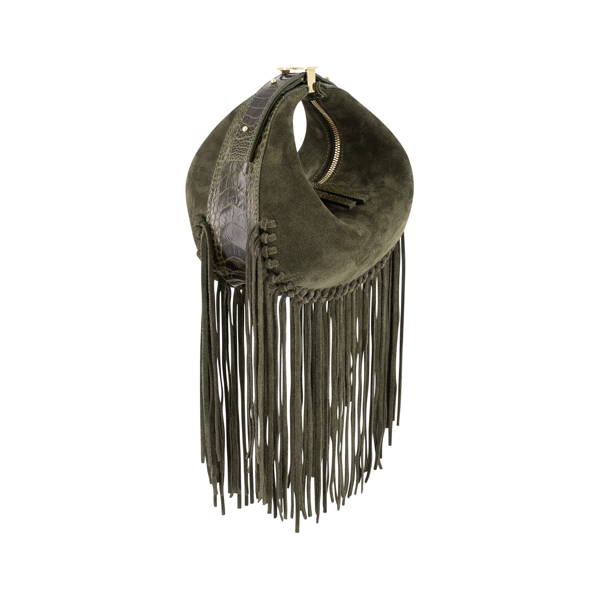 Side of olive green suede handbag with fringe details on a white background