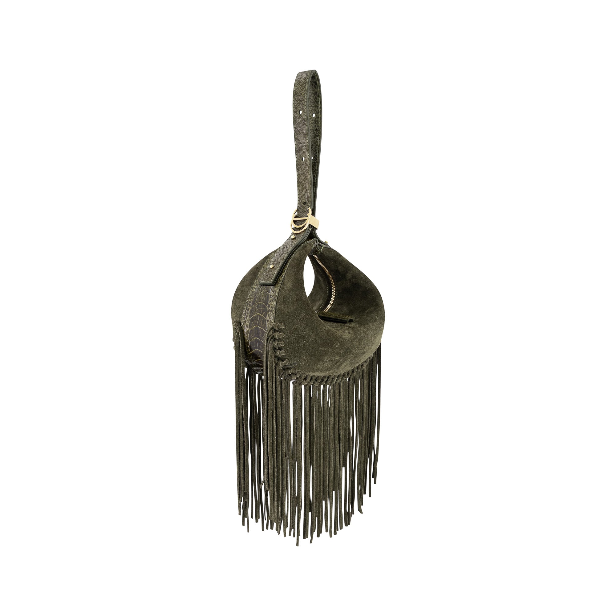 Side of olive green suede handbag with fringe details on a white background